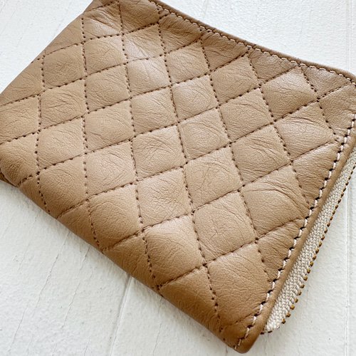 コンパクト L字財布 ミニ 本革 キルティング 型押し ベージュ その他